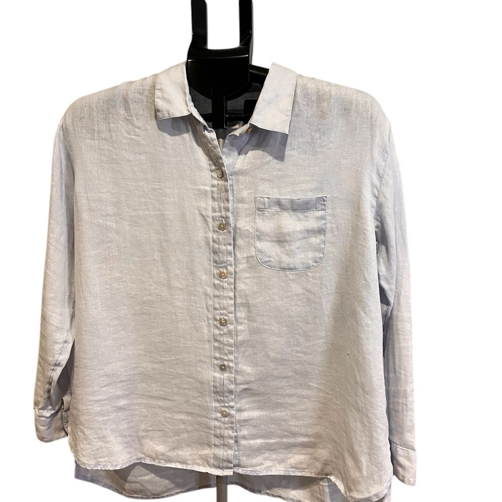 J Jill Everyday Blue Beachy Linen Button-Up Coastal Grandma Shirt Size PS